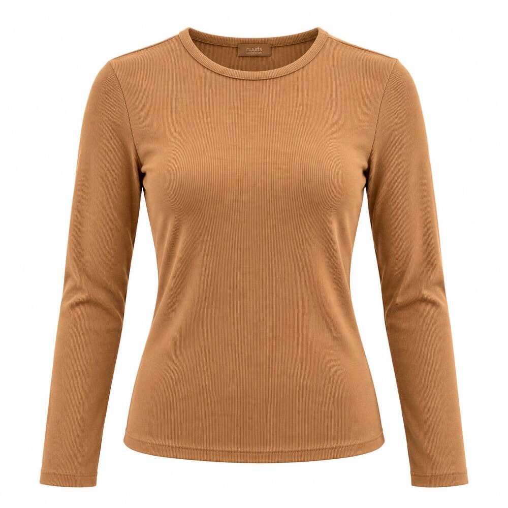 NUUDS Ribbed Long Sleeve Top Womens L Camel Brown Fitted Clean Girl Minimalist